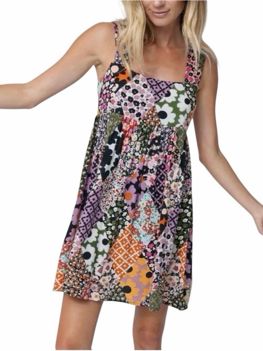 NATURAL LIFE Tricia Mini Dress Floral Diamond Patchwork Smocked Back Medium NWT